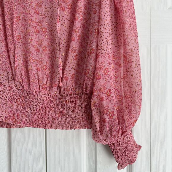Maison d'Amelie Blouse Size M Pink Floral Boho Smocked Long Sleeve Peasant - Picture 4 of 11